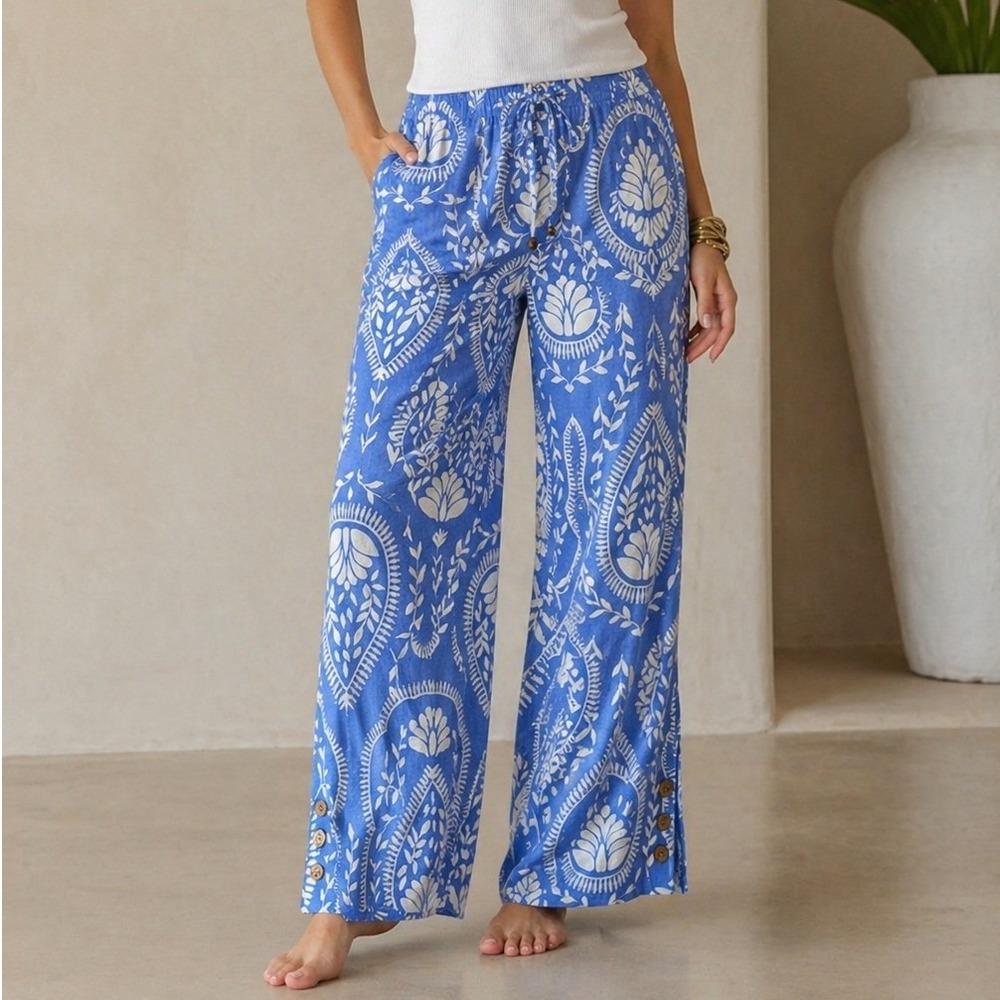 Joie Blue White Paisley 100% Linen Wide Leg Pants L Summer Resort Beach Vacay